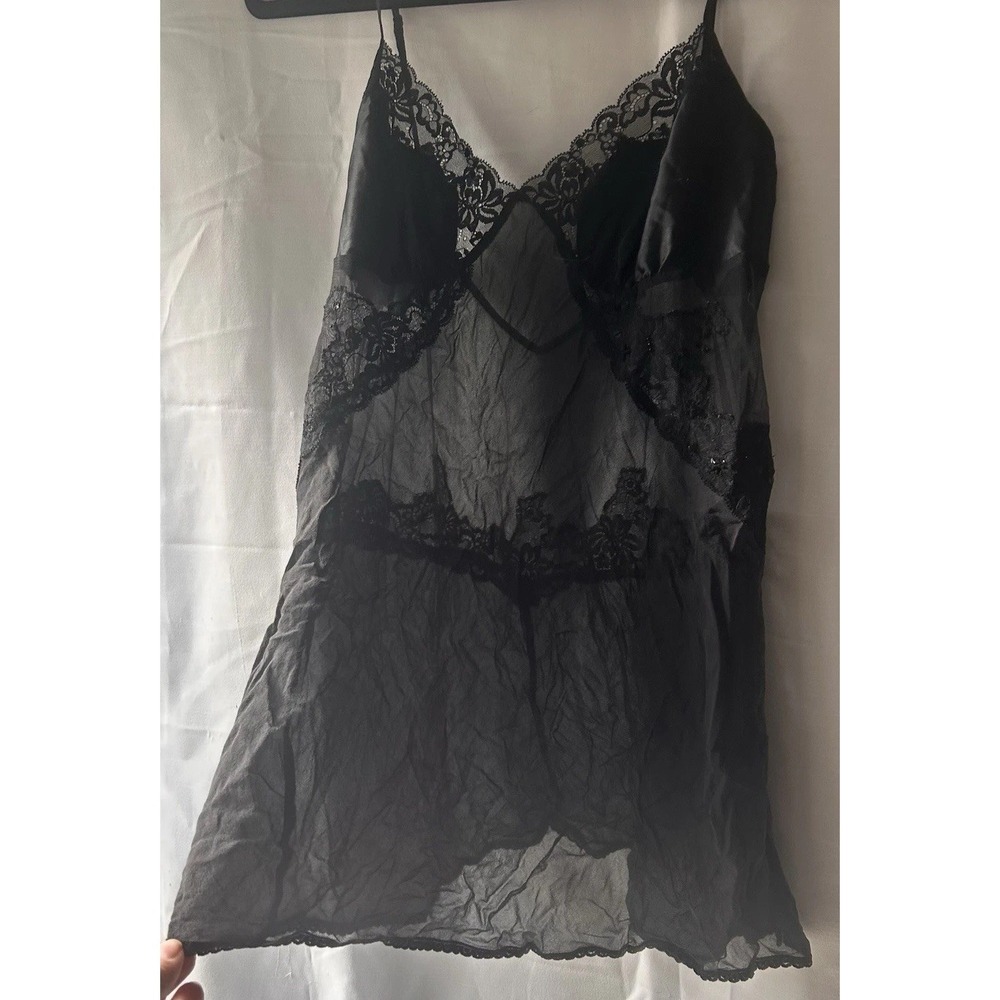 Victoria secret Babydoll Nightie Black Sheer Lace Sequins Adj Straps  Y2K Size L